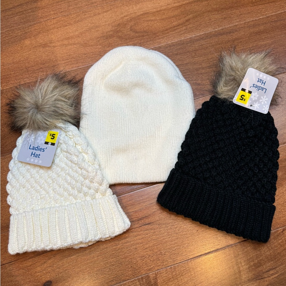 Cozy Knit Pom-Pom Beanie Set - Black, White, Cream